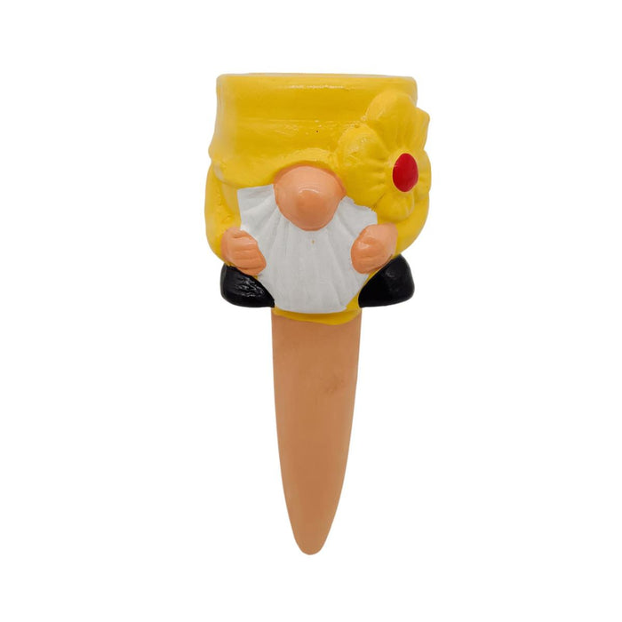 Gnome-shaped garden stake with a yellow hat and red nose on a white background