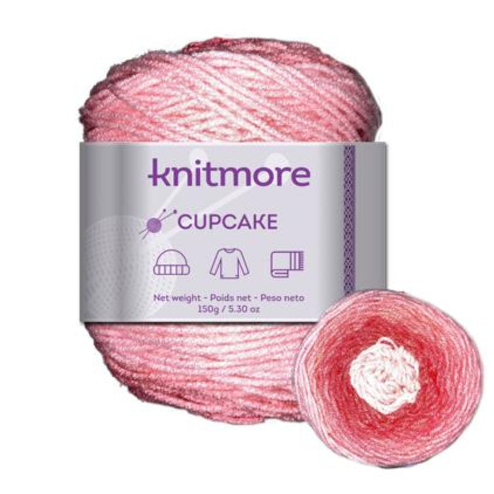 Pink yarn skein with 'knitmore' packaging on a white background