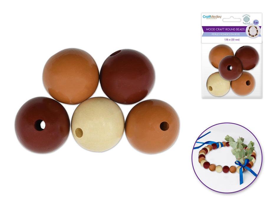 CRAFTWOOD ROUND BEADS NATURAL WOOD STAINED MEDLEY - 30MM 5PC