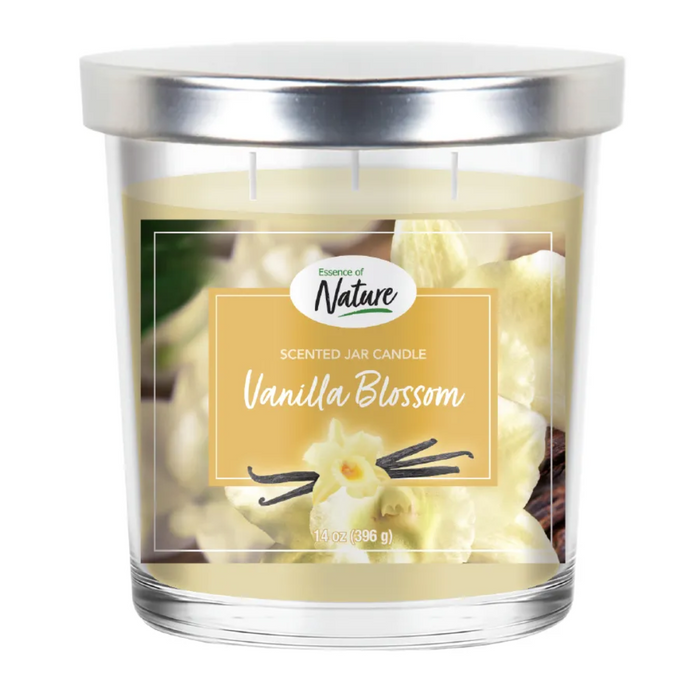 Scented jar candle labeled 'Vanilla Blossom' with a clear lid on a white background
