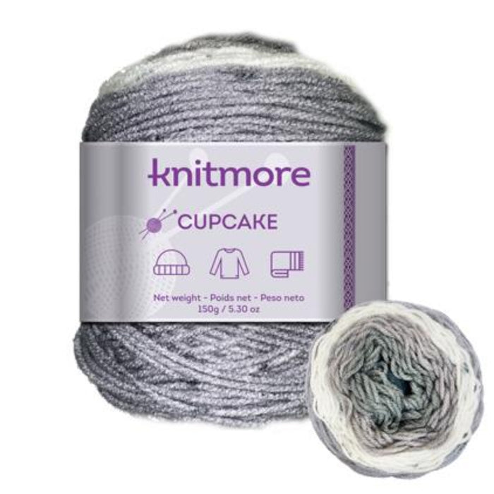Knitmore Cupcake yarn ball with packaging on a white background
