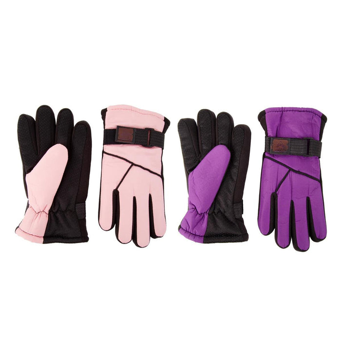 Two pairs of gloves in black, pink, and purple on a white background
