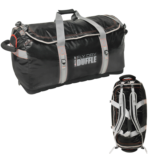 Black duffle bag with gray straps and 'North of Fly Dry Duffle' branding on a white background.