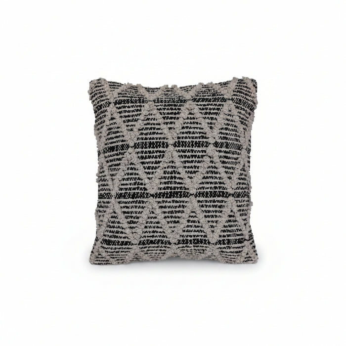 A square throw pillow with a textured, woven geometric pattern in black and gray.