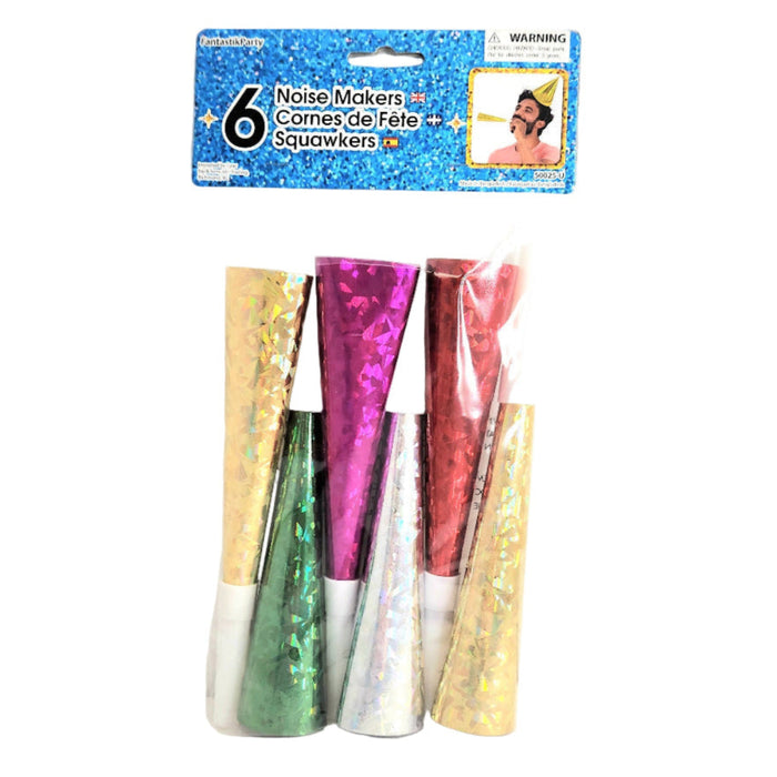 Pack of six colorful noisemakers with packaging on a white background
