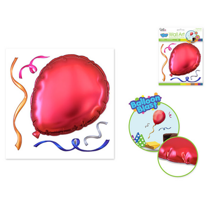Red balloon wall decal with orange, silver, and blue streamers. Includes retail packaging and a lifestyle example with the balloon on a party wall.