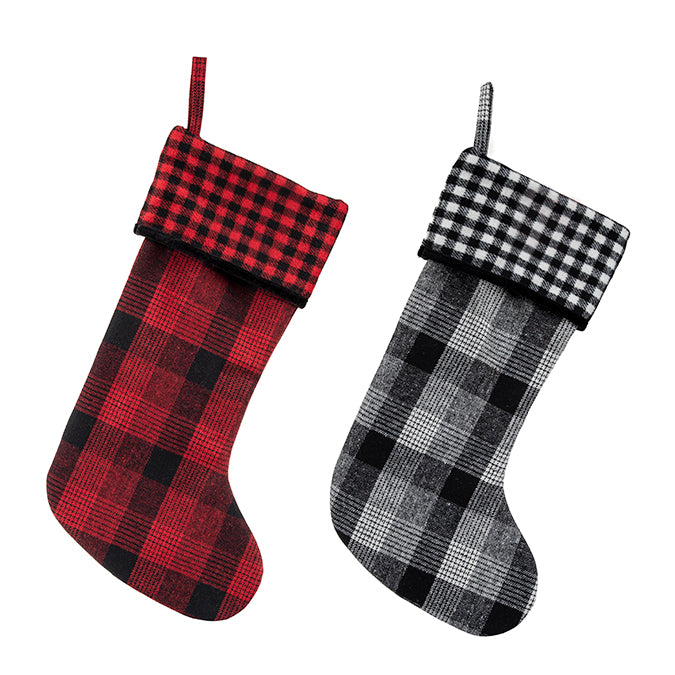 FABRIC STOCKING, PLAID DESIGN RED/BLACK GREY/BLACK