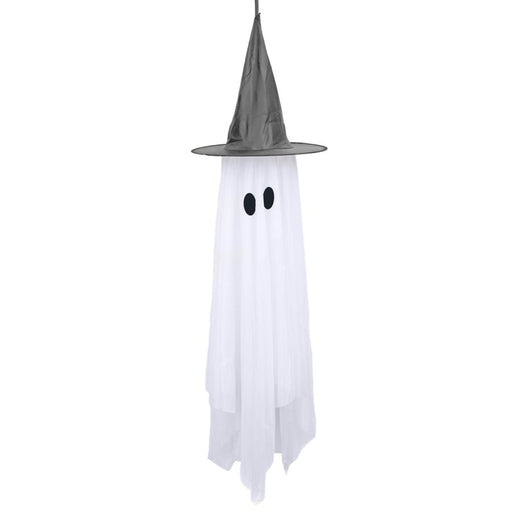 A hanging ghost Halloween decoration with a white sheer sheet body, black embroidered eyes, and a gray pointed witch hat on a white background.