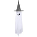 A hanging ghost Halloween decoration with a white sheer sheet body, black embroidered eyes, and a gray pointed witch hat on a white background.