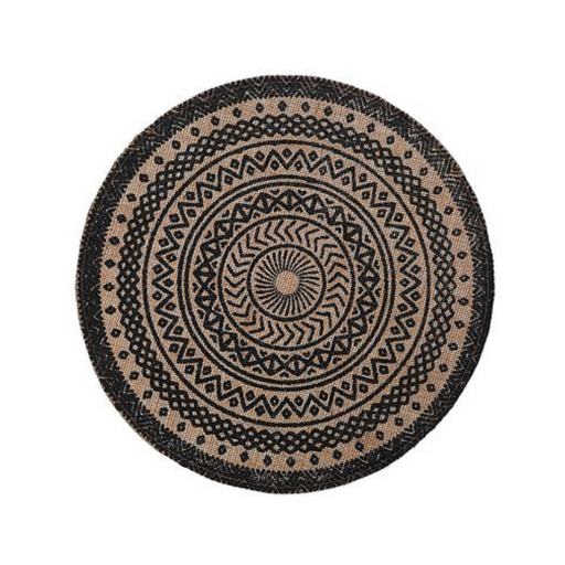 Black Mandala Jute Placemat – 15" round, natural jute with black printed mandala design.