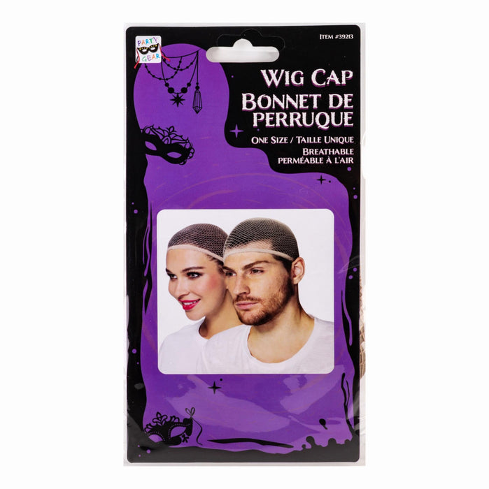Packaged wig cap on a white background. The product is in its retail blister packaging, featuring a purple and black design with a photo of a man and woman wearing the wig cap.