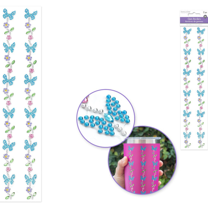 Butterfly and flower decorative stickers with a close-up of a pink cup with stickers applied.