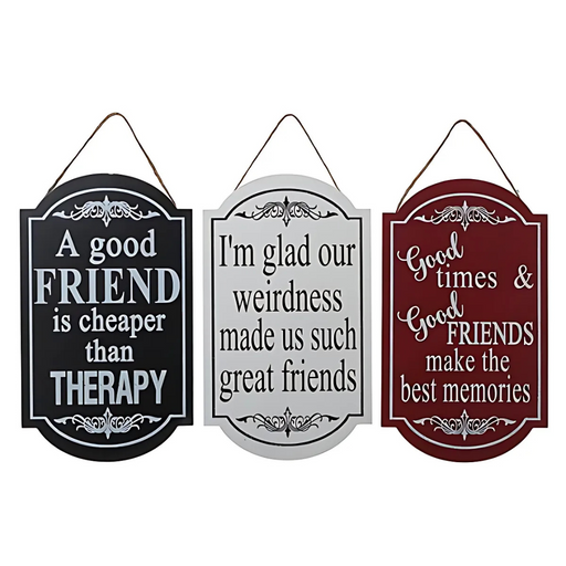 Assorted friendship-themed hanging wall plaques with inspirational quotes, decorative borders, and rope hangers.