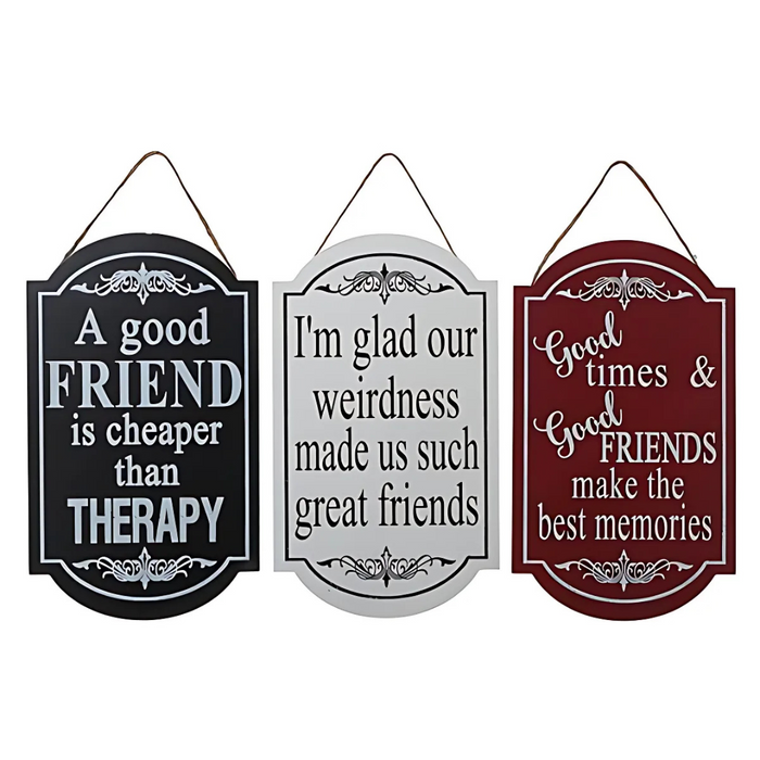 Assorted friendship-themed hanging wall plaques with inspirational quotes, decorative borders, and rope hangers.