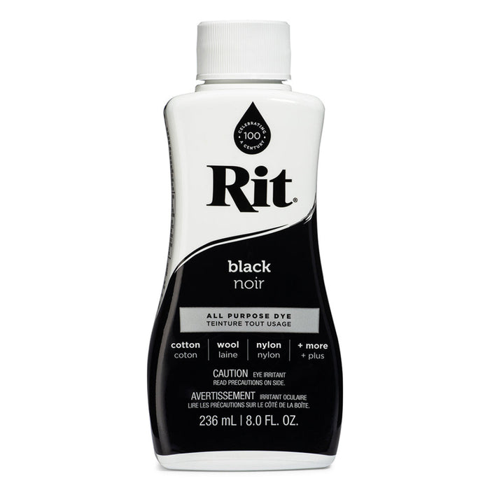 Bottle of Rit black all-purpose dye on a white background
