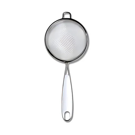 Stainless steel strainer with handle on a white background