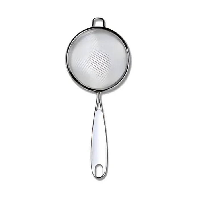 Stainless steel strainer with handle on a white background