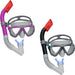 Two adult diving masks and snorkels, one with pink mask and silver snorkel, and one with gray mask and black snorkel, both with gray straps.