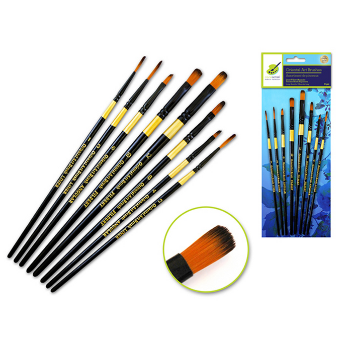 8-piece Oriental Art inspired brush set featuring black wood handles with gold ferrules and a mix of liner, filbert, and angular tips; shown loose, in retail packaging, and close-up of bristles.