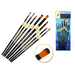 8-piece Oriental Art inspired brush set featuring black wood handles with gold ferrules and a mix of liner, filbert, and angular tips; shown loose, in retail packaging, and close-up of bristles.