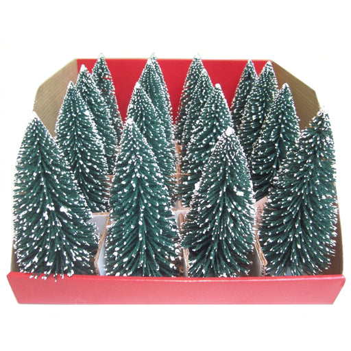 A set of miniature green Christmas tree bottle trees with white snow dusting, arranged inside a red cardboard gift box.