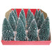 A set of miniature green Christmas tree bottle trees with white snow dusting, arranged inside a red cardboard gift box.