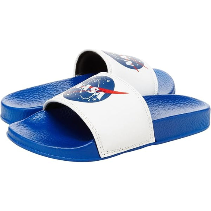 Blue and white slide sandals with NASA logo on a white background