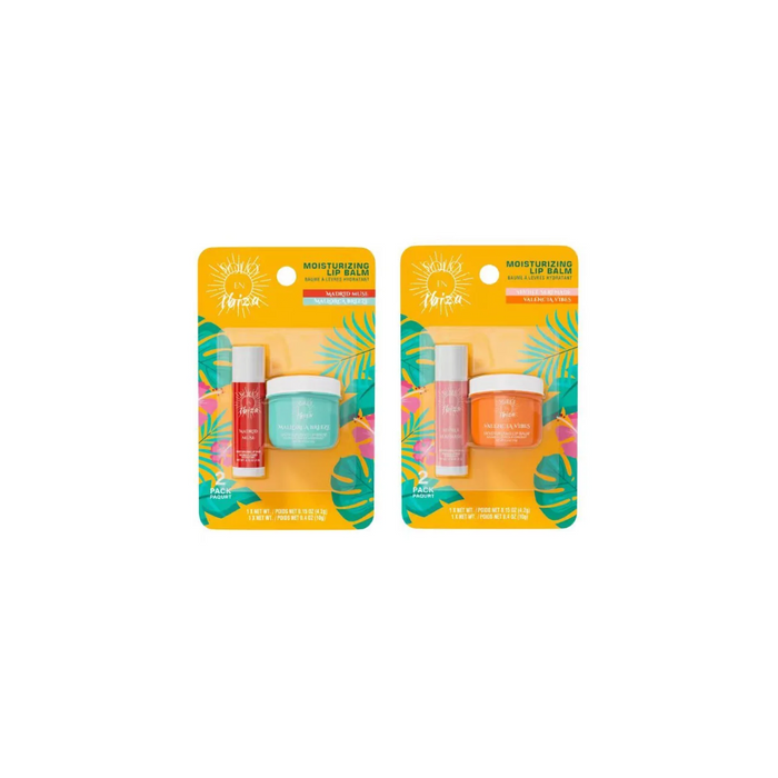 Two packages of lip balm and cream with tropical leaf design on a white background
