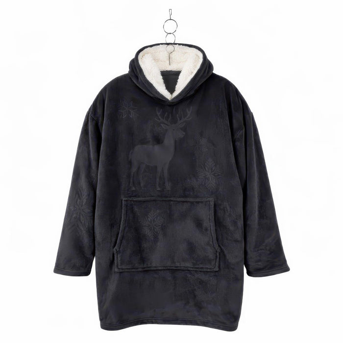 A black fleece hooded robe with a white sherpa-lined hood, featuring a dark gray deer and snowflake pattern on the front, a kangaroo pocket, and a metal hanger.