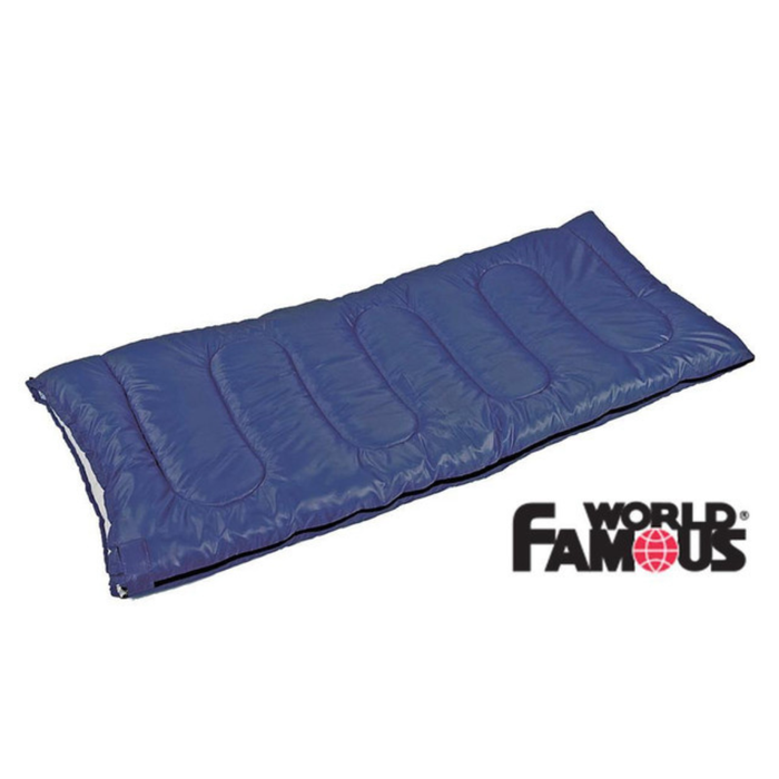 Blue sleeping bag with 'World Famous' logo on a white background