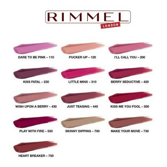 Rimmel London lip color swatch chart showing 12 different shades with names and numbers, including pink, red, mauve, and nude tones.
