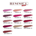 Rimmel London lip color swatch chart showing 12 different shades with names and numbers, including pink, red, mauve, and nude tones.