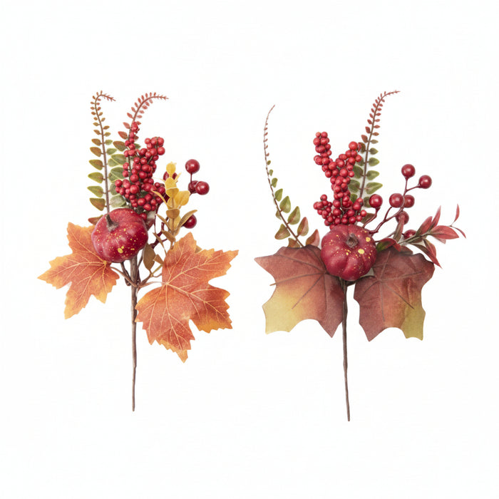 Two artificial autumn floral arrangements on a white background, each featuring red berries, green fern-like leaves, a small red berry acorn, and fall leaves in orange, red, and yellow tones.