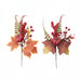 Two artificial autumn floral arrangements on a white background, each featuring red berries, green fern-like leaves, a small red berry acorn, and fall leaves in orange, red, and yellow tones.