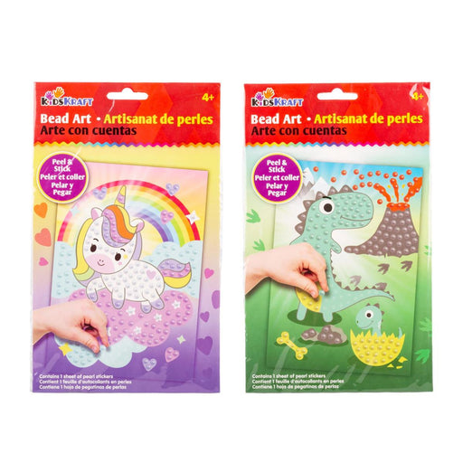 Two packages of Kids' Kraft bead art kits featuring a unicorn and dinosaur design.