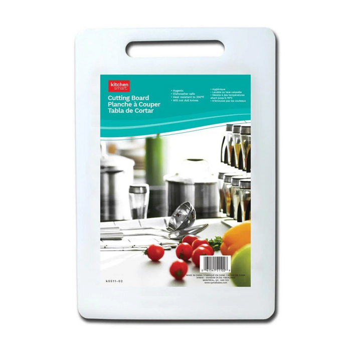 White cutting board with a handle on a white background