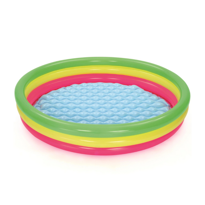 Inflatable three-ring kiddie pool with neon green, yellow, and pink sides and a textured light blue cushioned base, shown on a white background.