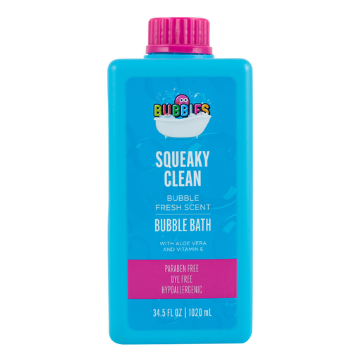 Blue bottle of Bubbles bubble bath with pink cap on a white background