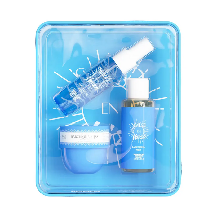 Set of skincare products with blue packaging on a white background