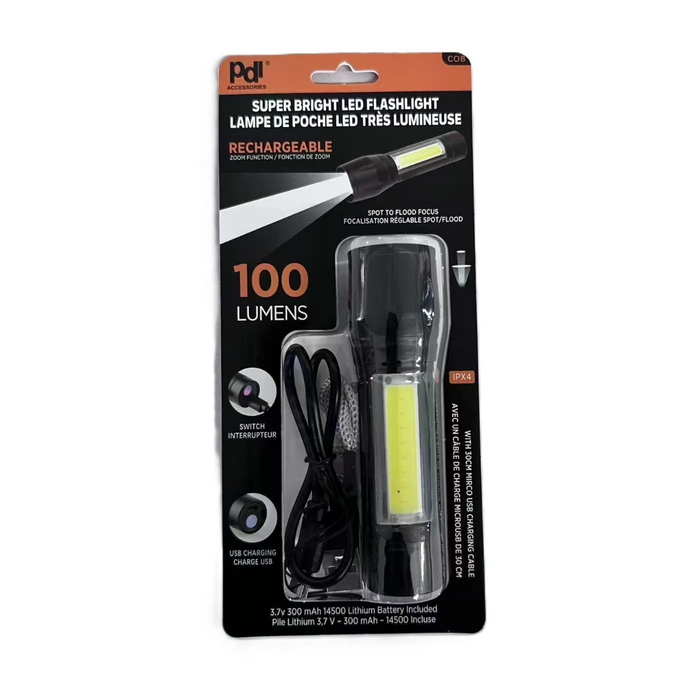 Super bright LED flashlight in packaging with 100 lumens label on a white background