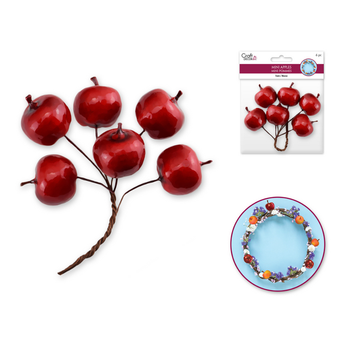 Glossy red foam mini apples bundled on brown wire stems, ideal for wreaths, arrangements, and crafts.