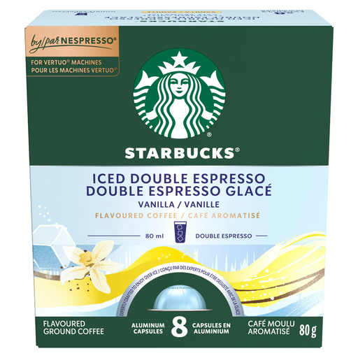 Box of Starbucks iced double espresso capsules with vanilla flavor, featuring the Starbucks logo.