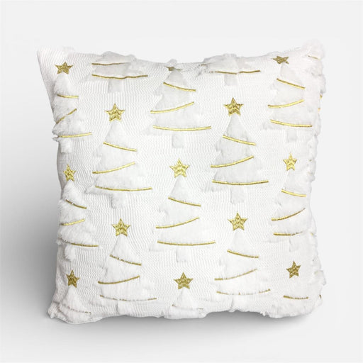 A square white throw pillow with a textured, ruffled fabric border and embroidered white Christmas trees with gold trims and gold stars, shown on a light gray background.