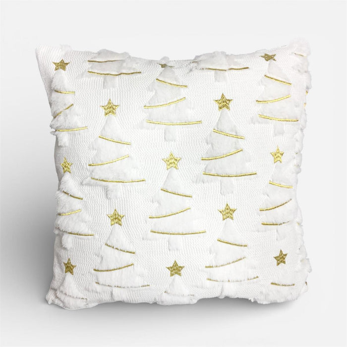 A square white throw pillow with a textured, ruffled fabric border and embroidered white Christmas trees with gold trims and gold stars, shown on a light gray background.
