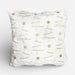 A square white throw pillow with a textured, ruffled fabric border and embroidered white Christmas trees with gold trims and gold stars, shown on a light gray background.