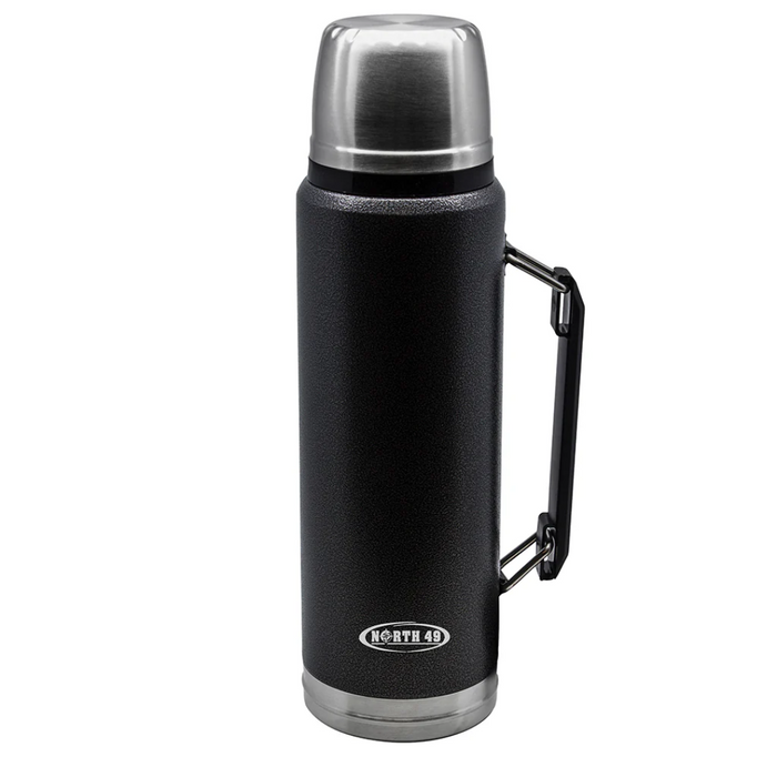 Black thermos with silver lid on a white background