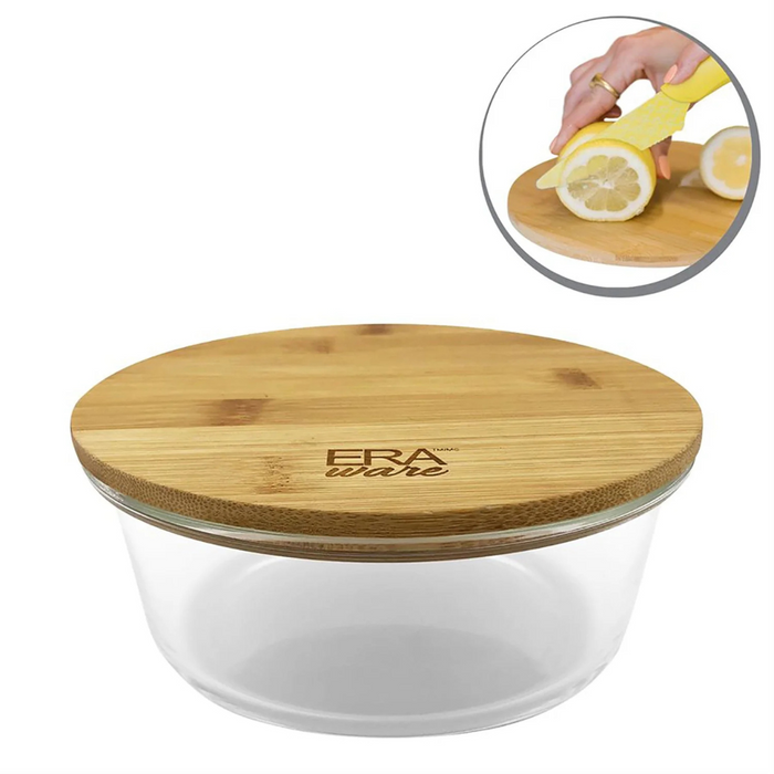 BAMBOO BOROCILICATE GLASS ROUND CONTAINER - 13.5OZ