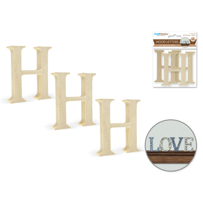 Set of wooden letters 'H' with packaging and a decorative use example on a white background.