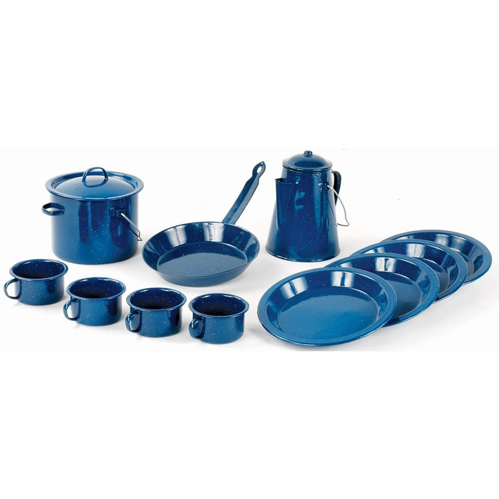 Set of blue enamel cookware including pots, pans, and cups on a white background