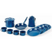 Set of blue enamel cookware including pots, pans, and cups on a white background